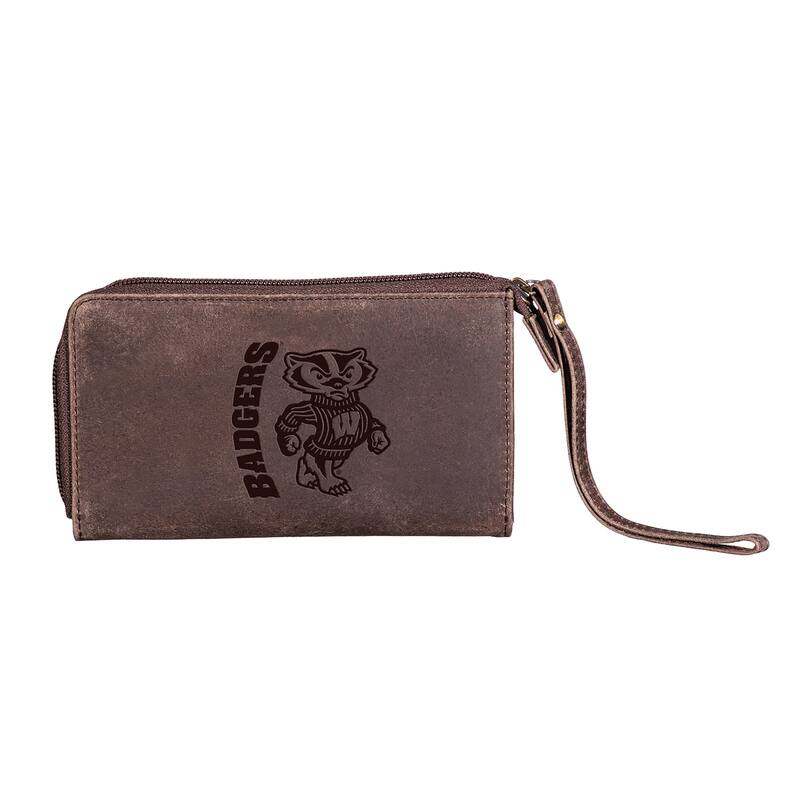 Brown Leather Cell Phone Wristlet Wallet, University of Wisconsin-Madison - 4" x 7"