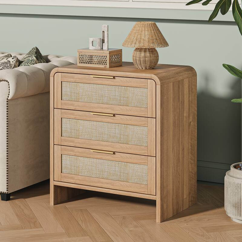Rattan Nightstand with 3 Drawers, 22.8" Wide Curved Wooden Bedside Table, Modern Storage for Bedroom - Caramel