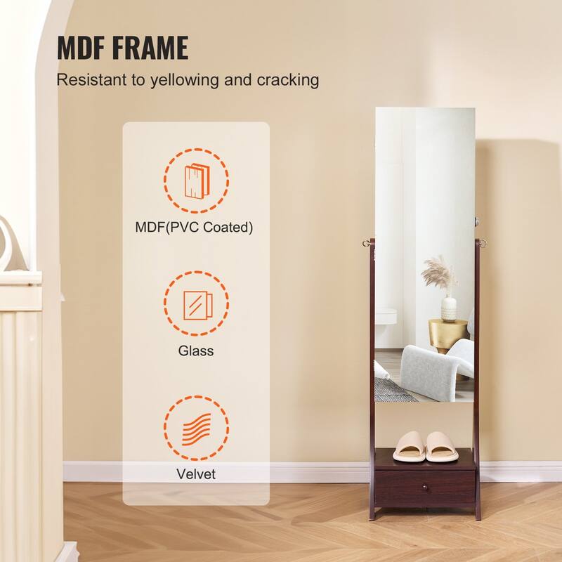 Full-Length Standing Mirror with Lockable Jewelry Cabinet Velvet Lining and Rotating Earring Holder