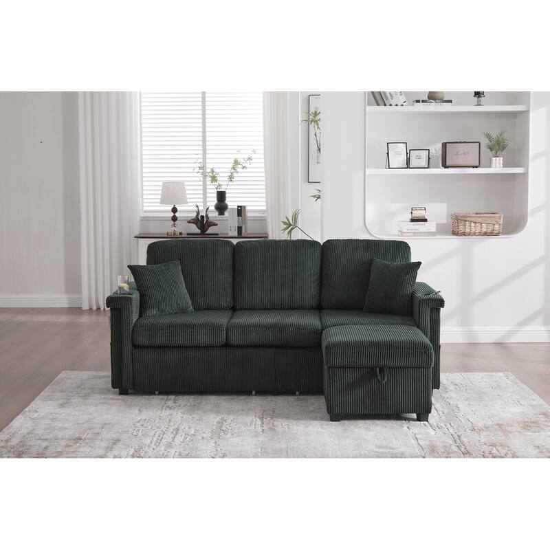L-Shaped Sectional Sofa with Pull-Out Storage,Ottoman & Pillows 3-Seat with USB Charging,Cup Holder, Convertible Design - Green