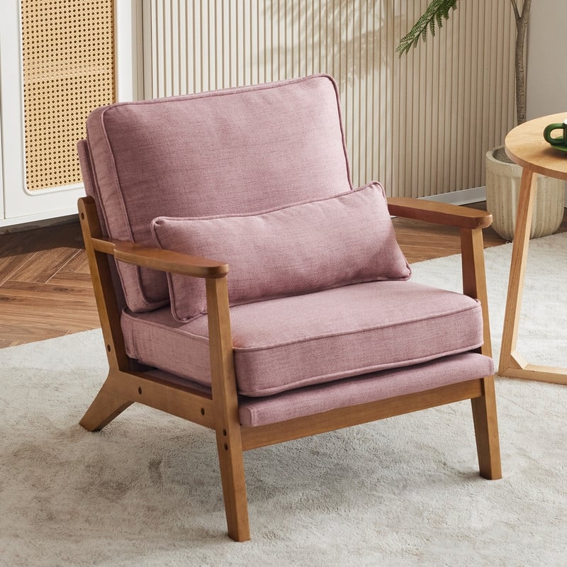 Upholstered Linen Blend Accent Chair with Wooden Legs and One Pillow Beige - Pink