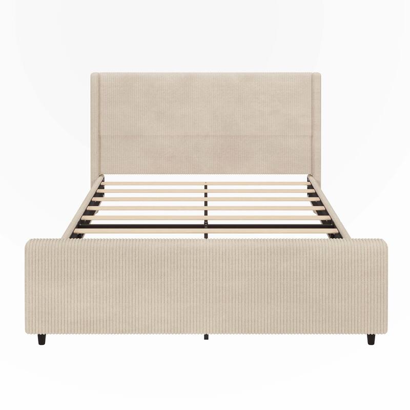 Corduroy Upholstered Bed Frame with Vertical Stripe Wingback and High Footboard