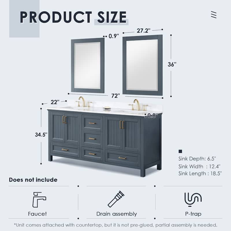 Altair Isla 72" Bathroom Vanity in Classic Blue with Countertop,with Mirror - 72 in.