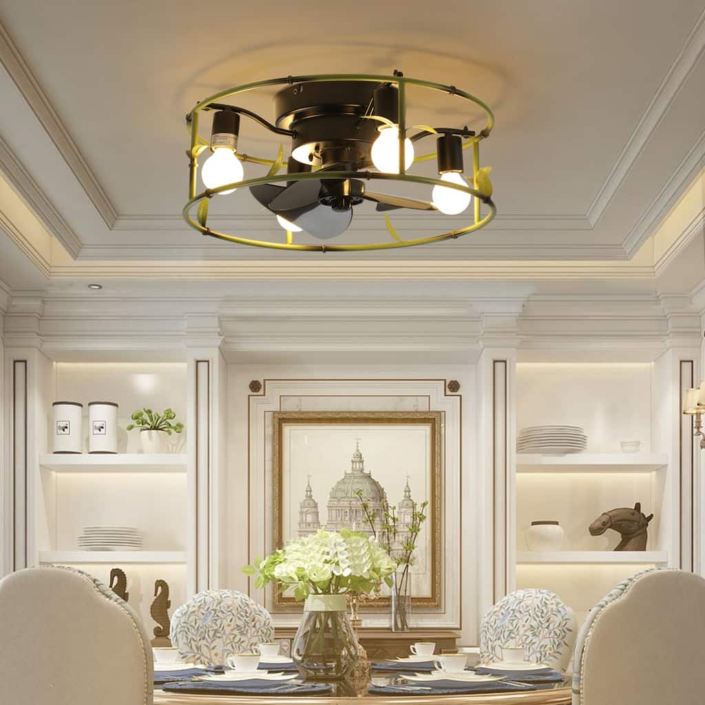 Modern Flush Mount Ceiling Fan Light with Light and 6 Adjustable Wind Speeds, Cage Design for Bedroom and Living Room
