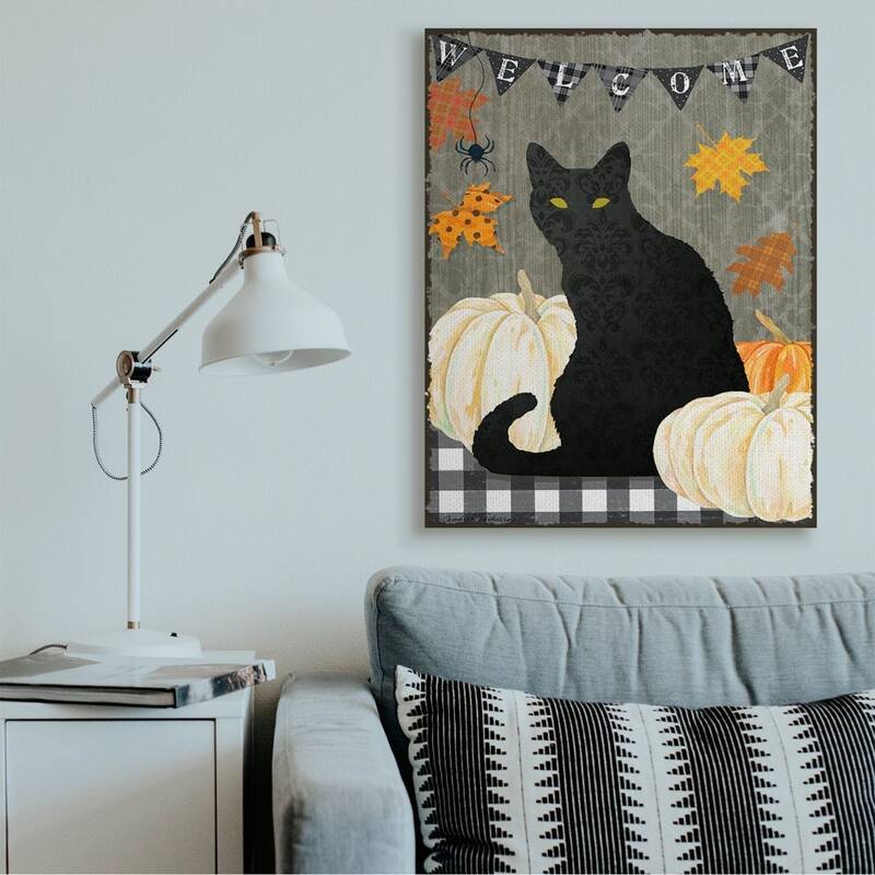 Stupell Halloween Black Cat Welcome Sign Autumn Farmhouse Charm Canvas Wall Art