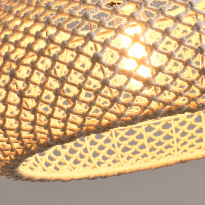 1-Light Rustic Beige Hand-Woven Cotton Hanging Basket Pendant Light - 18.8" W x 55" H