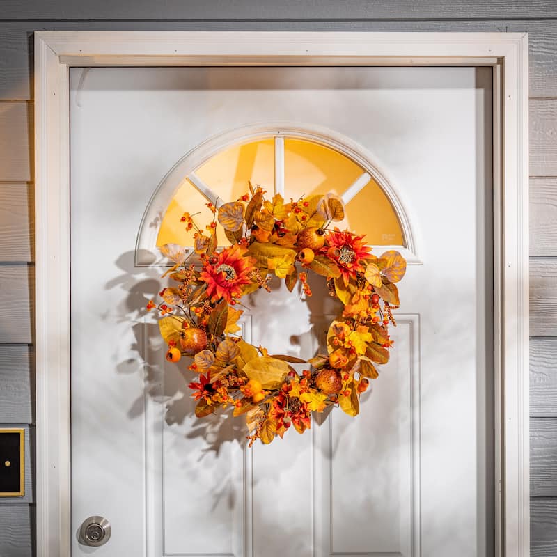 22 in. Fall Harvest Autumn Wreath with Berries and Sunflowers