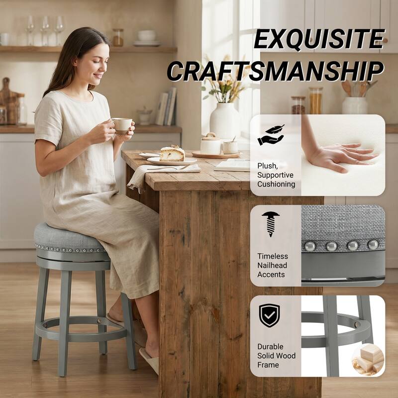 Swivel Counter Height Bar Stool with Upholstered Seat Solid Wood Frame