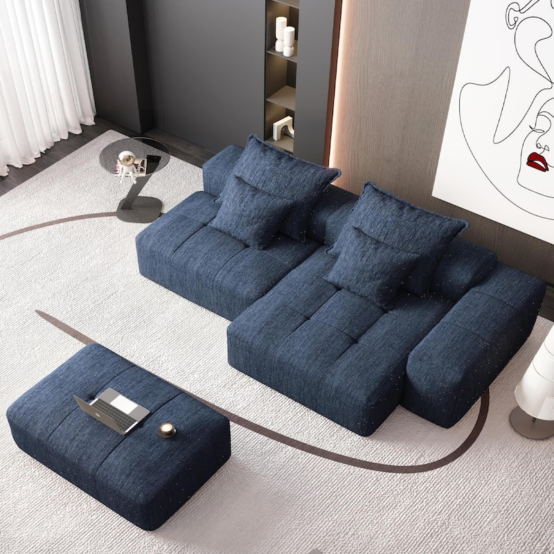Modern Oversized Modular Sectional Sofa in Blue with Sparkling Chenille Fabric and No Assembly