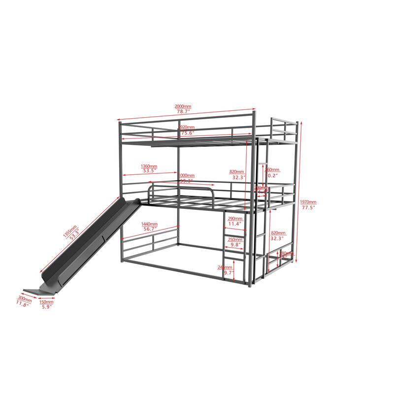 Full Size Metal Loft Bed with Slide, Ladder, and Side Shelf