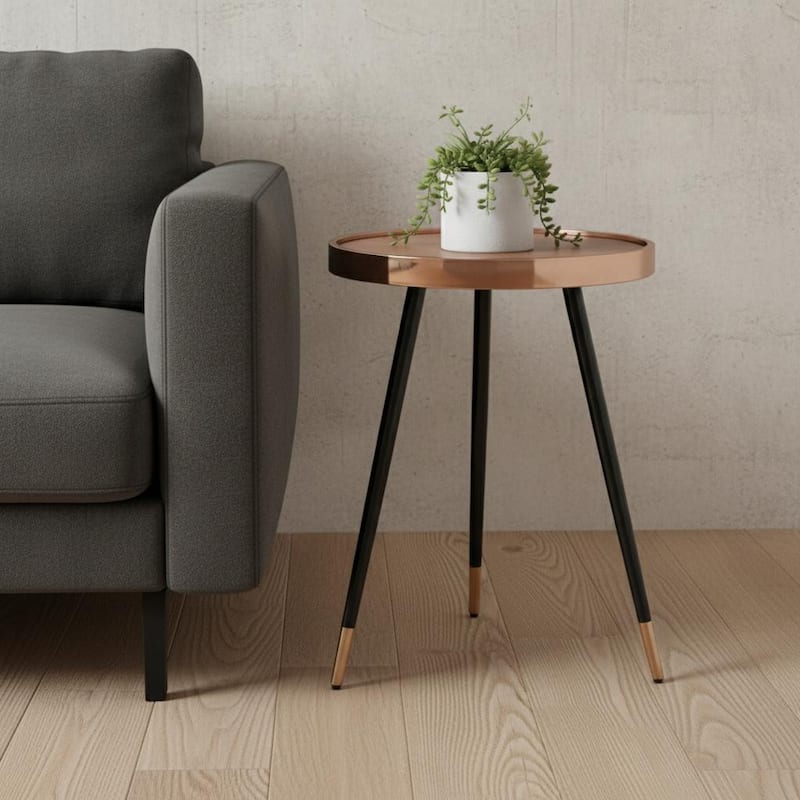 HomeRoots 24" Walnut Black And Rose Gold Wood and Stainless Steel Round End Table - 18.00 in. x 24.00 in. x 18.00 in. - Walnut/Rose Gold - Wood