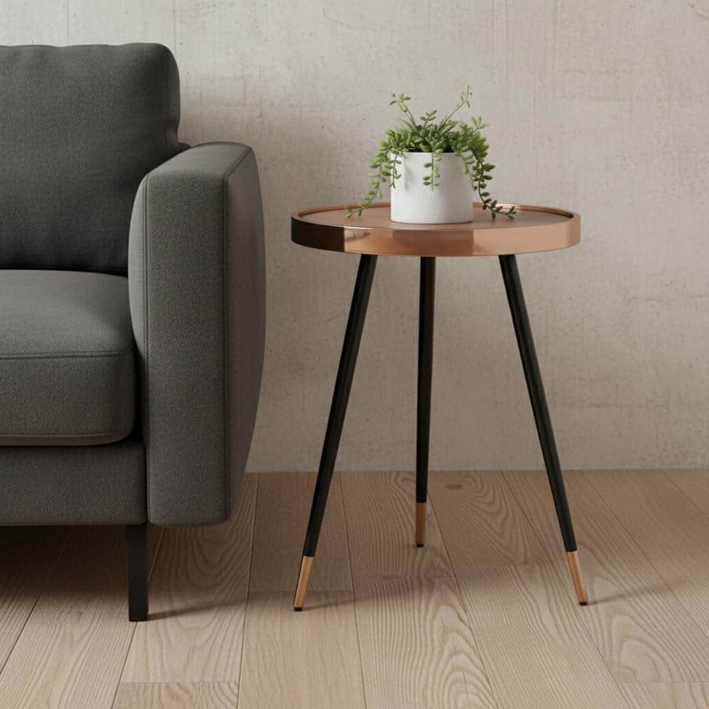 HomeRoots 24" Walnut Black And Rose Gold Wood and Stainless Steel Round End Table - 18.00 in. x 24.00 in. x 18.00 in.