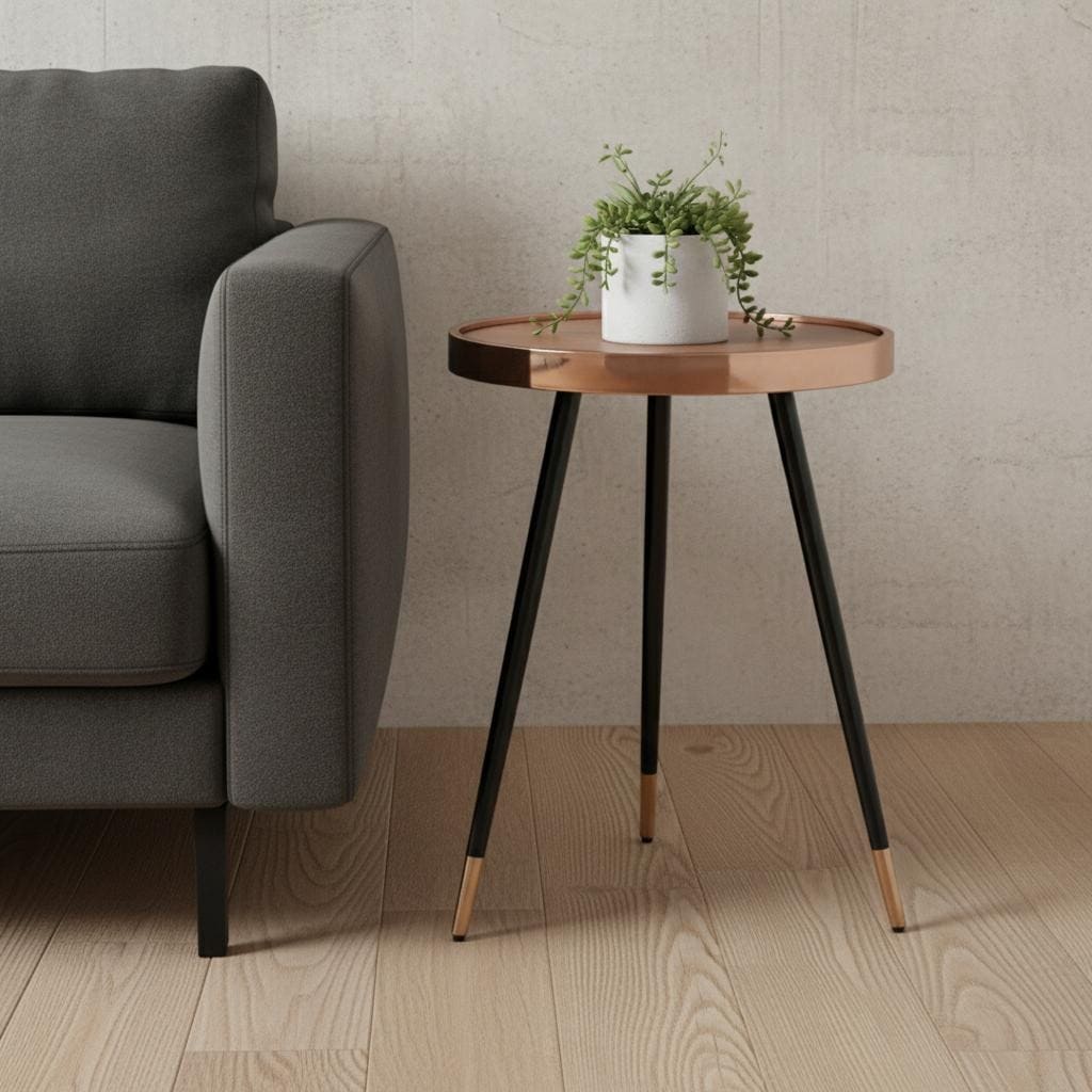 HomeRoots 24" Walnut Black And Rose Gold Wood and Stainless Steel Round End Table - 18.00 in. x 24.00 in. x 18.00 in.