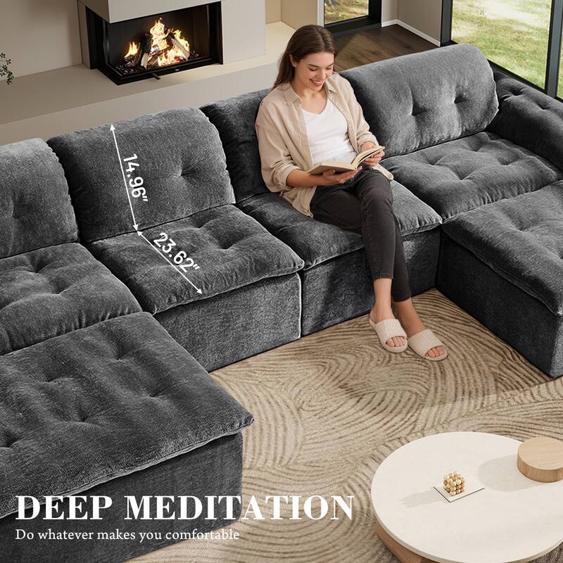 Rossetta 4-Seater Chenille Upholstery Modular Convertible Design Generous Seating Cushioned Sofa with 2 Versatile Ottomans