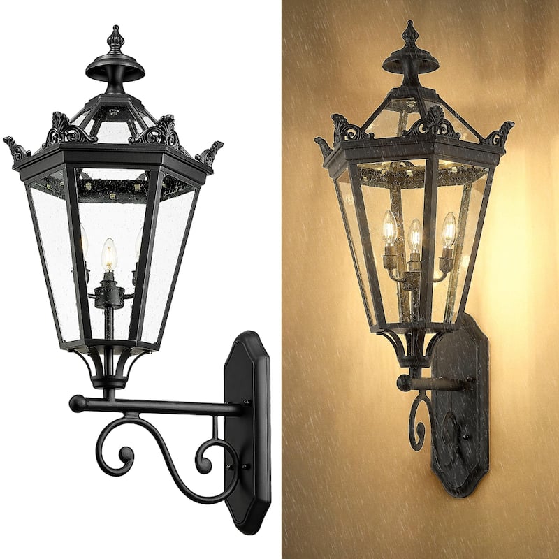 3-Light 41 inch Outdoor Wall Light, Seeded Glass - Black