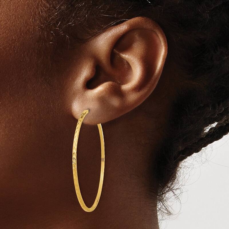 Curata 14k Yellow Gold Diamond Cut Square Tube 1.35x45mm Endless Hoop Earrings
