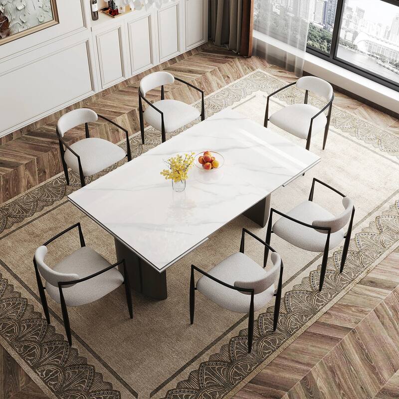 9 - Piece Modern Minimalist Extendable Sintered Stone Top Double Pedestal Dining Set