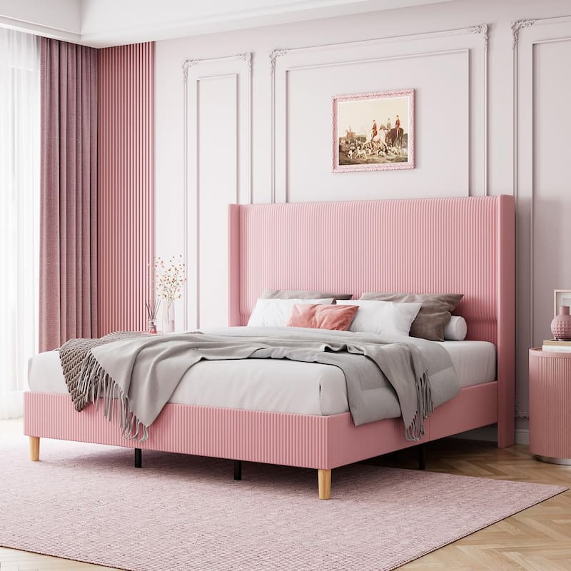Upholstered Corduroy Bed Frame, Bed Frame with Wingback Headboard - Pink - Full