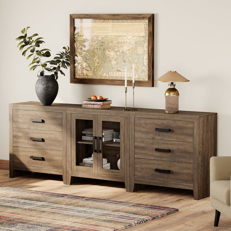 WAMPAT Farmhouse Buffet Cabinet with Glass Doors and Drawers, 3-Piece Modular Sideboard