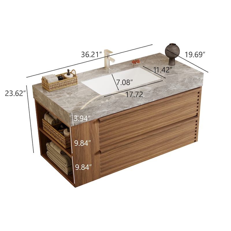 Modern 36" Bathroom Vanities, Sintered Stone Tabletop, Sold wood Cabinets, 2 Drawers& 2 Adjustable Shelves, Not Assembled Need