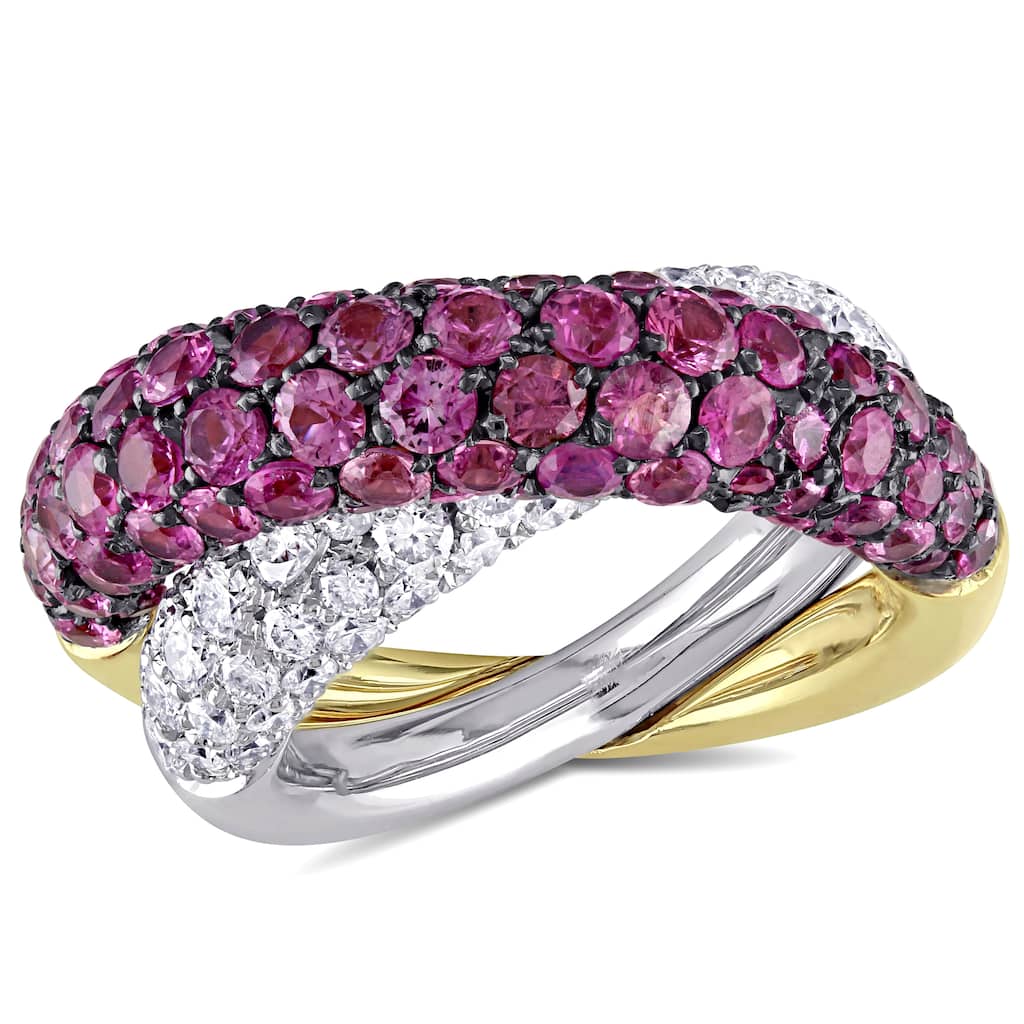 Miadora 7 15/16 CT TGW Pink Sapphire 1 7/8 CT TDWCrisscross Ring in 18k White and Yellow Gold