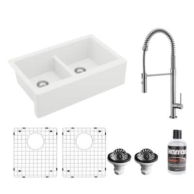 Karran All in One Apron Front Quartz 34 in. Double Bowl 50/50 Kitchen Sink in White with Faucet KKF220 in Stainless Steel