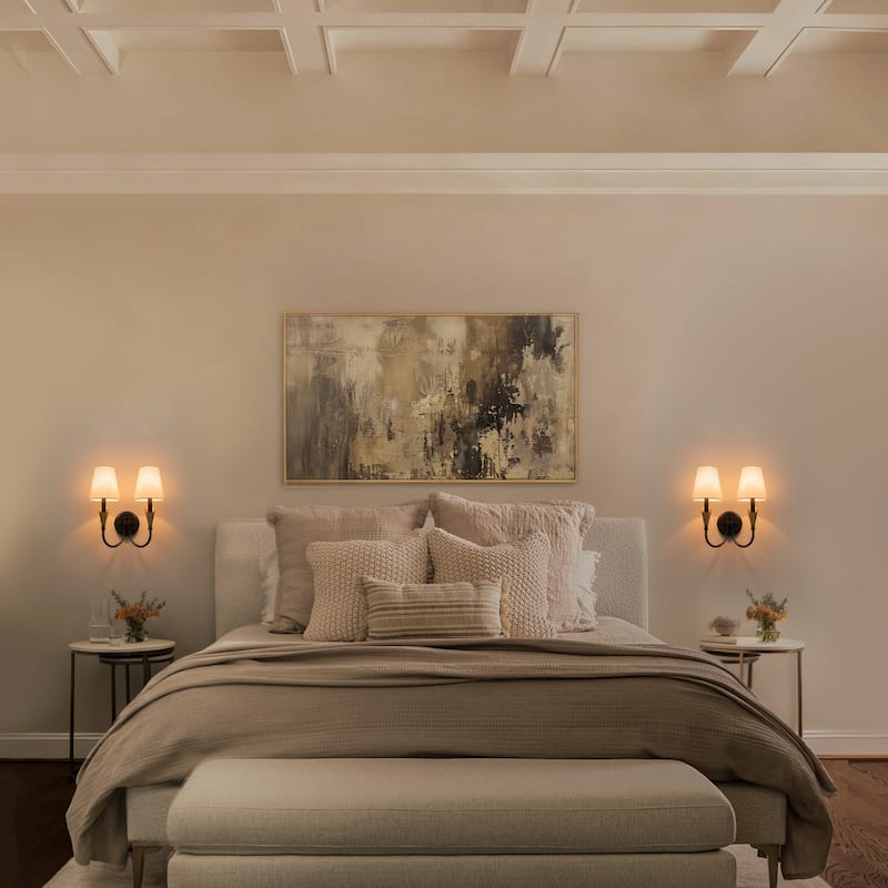 2-Light Matte Black & Gold Wall Sconce Traditional Fabric Shades