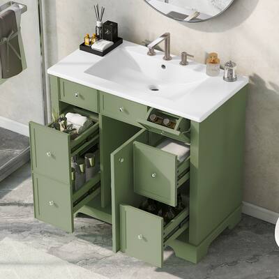 Single Sink Storage Cabinet 36" Bathroom Green Vanity Cabinet wDrawers