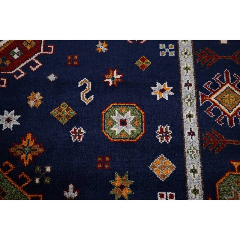Navy Blue Geometric Kazak Oriental Area Rug Handmade Wool Carpet - 8'8" x 11'11"