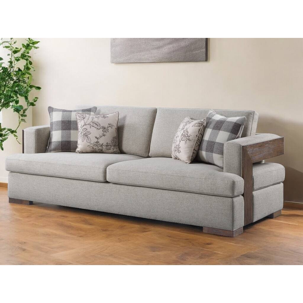 HomeRoots 92" Beige Fabric Sofa And Toss Pillows With Brown Legs - 92