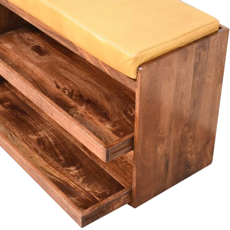 Artisan Furniture Solid Wood Buffalo Hide Pull out Honey Caramel Shoe Storage Bench
