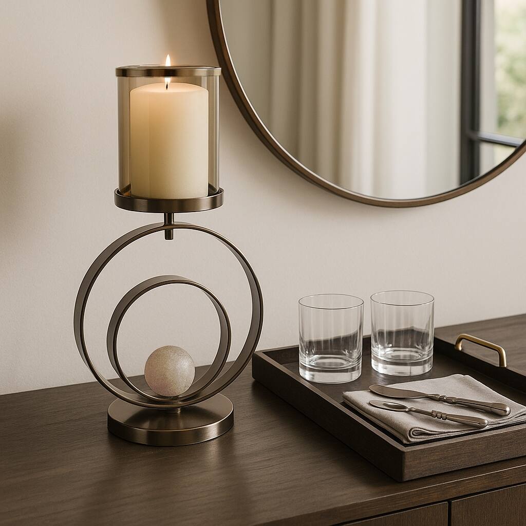 Metal Candle Hurricane Holder Modern Small Sphere Double Ring Base - 11.5" x 7" x 22"