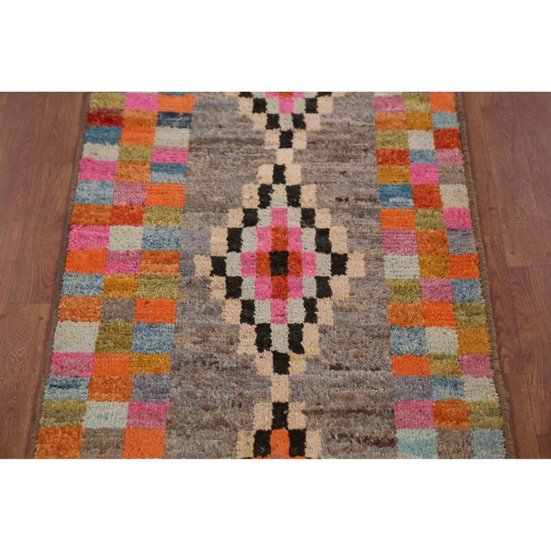 Checkered Moroccan Oriental Runner Rug Handmade Tribal Wool Carpet - 2'10" x 12'8"