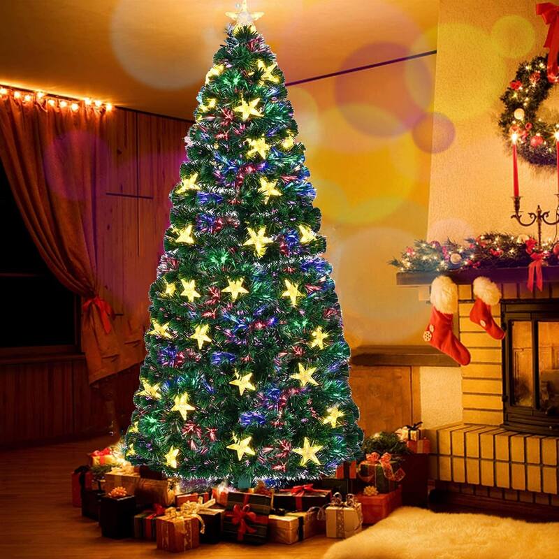 7FT Pre-lit Fiber Optic Christmas Tree with Large Stars, Artificial Xmas Tree Spruce Tree Green Tree with Metal Stand - Green