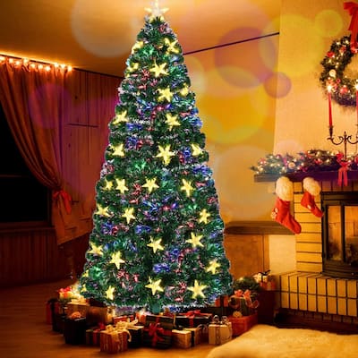 7FT Pre-lit Fiber Optic Christmas Tree with Large Stars, Artificial Xmas Tree Spruce Tree Green Tree with Metal Stand