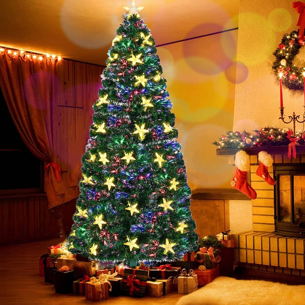 Pre-Lit Fiber Optic Christmas Tree - Large Stars, Green Spruce, Metal Stand, Holiday Decor