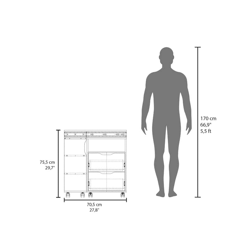 GDFStudio - Ava Extendable Desk with 2 Drawers, 4 Shelves, and Mobile Wheels