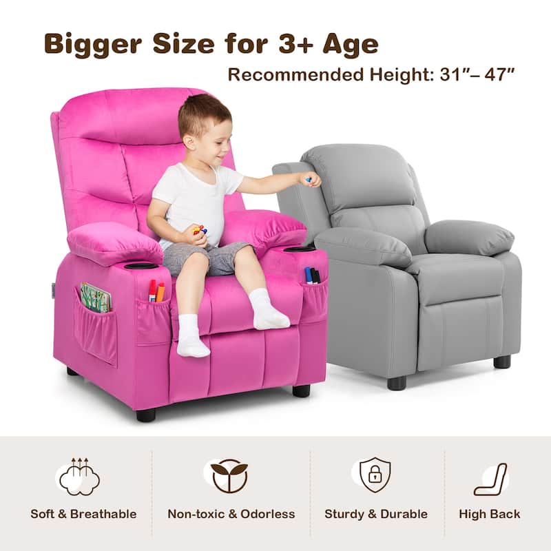 Gymax Kids Youth Recliner Chair Velvet Fabric w/Cup Holder & Side