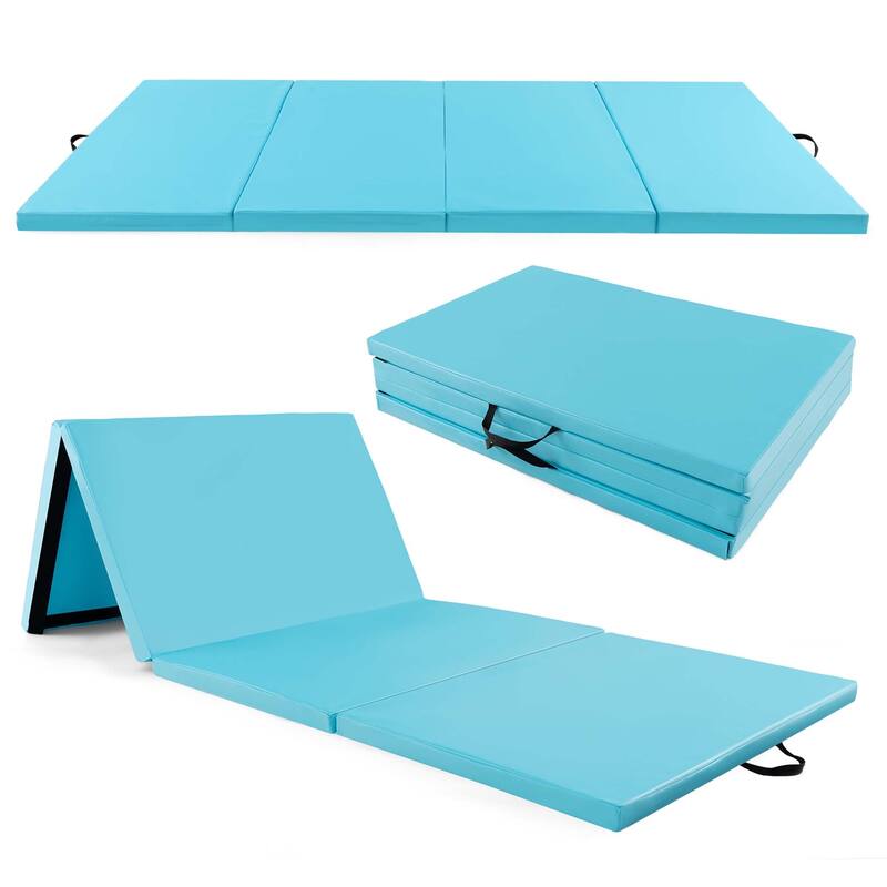 4-Panel Folding Exercise Mat with Carrying Handles for Gym Yoga - Blue