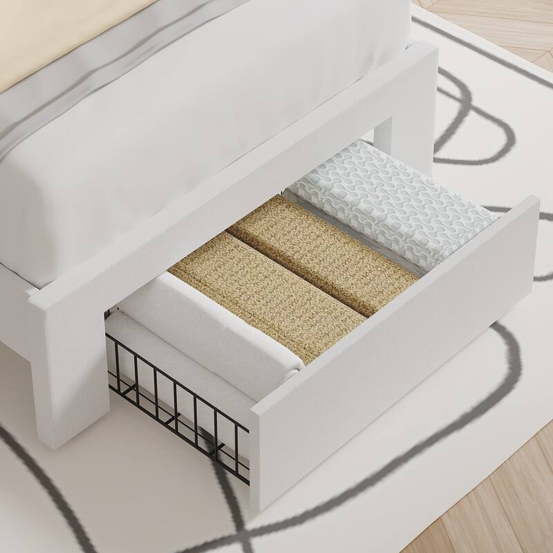White Bed Frame with 4 Storage Drawers, Upholstered Platform Bed Frame with Adjustable Headboard