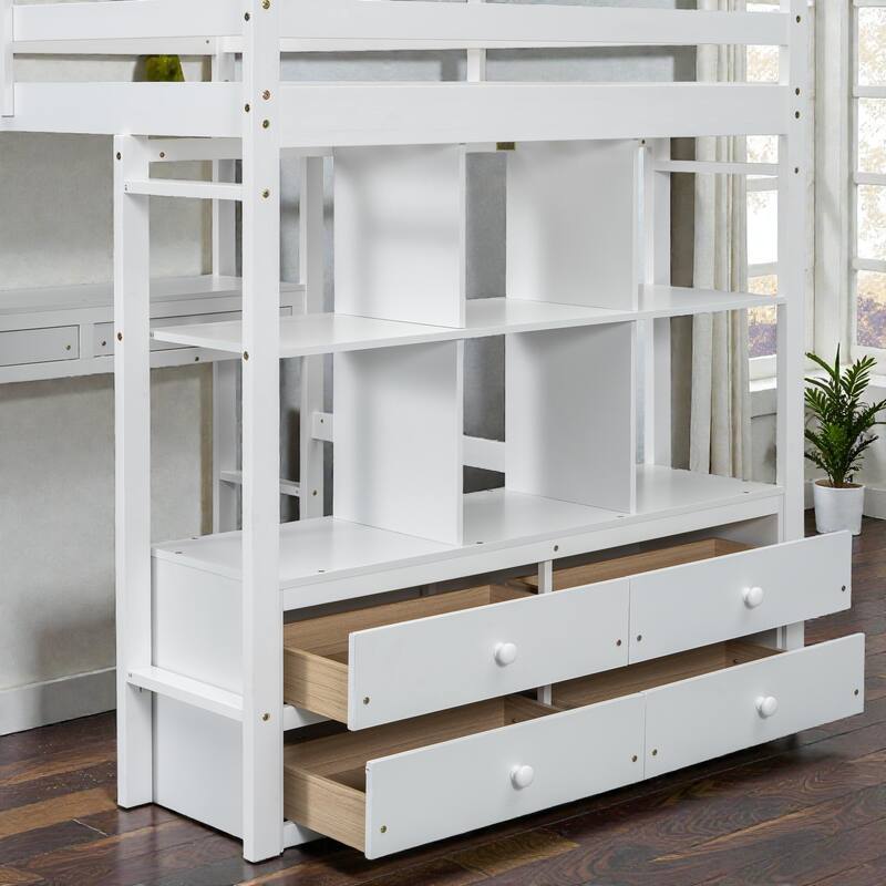 Full Size Loft Bed with Built-in Desk, Storage Drawers, Shelves and Cabinets, Space-Saving Workstation Bed Frame