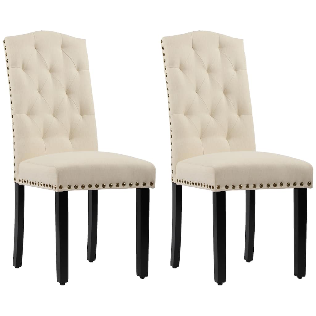 Solid Wood Tufted Dining Chairs, Kitchen Dining Room Chairs with Bronze Nailhead Trim Set of 2