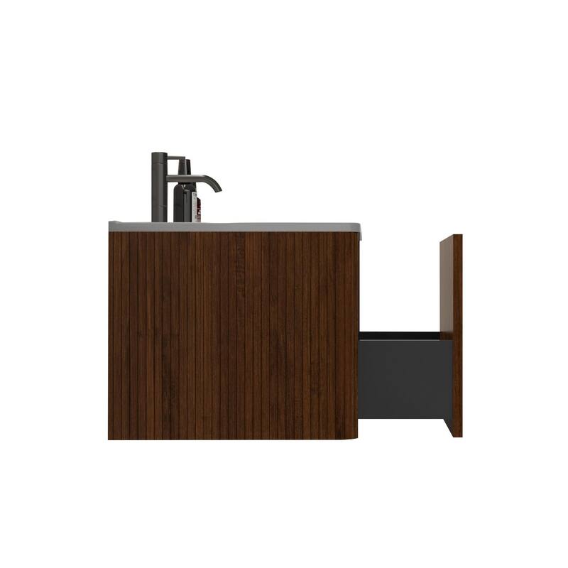24 Inch Striped Walnut Bathroom Vanity with White Ceramic Sink,Wall Mounted Floating Bathroom Vanity for Modern Bathroom