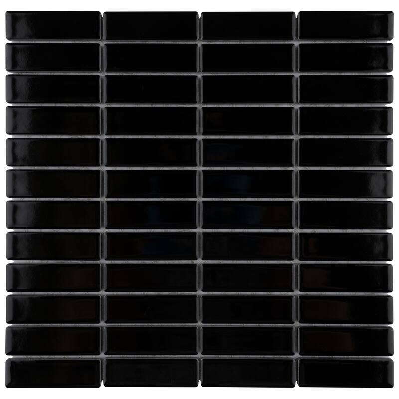 Merola Tile Metro Brick Stacked Glossy Black 12" x 12" Porcelain Mosaic Floor and Wall Tile