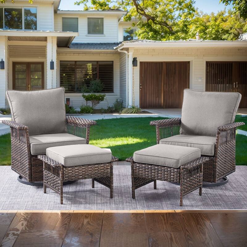 Outdoor Wicker Furniture Couch Set - Brwon Wicker Grey Cushion - 4PCS Glider Chair with Ottoman