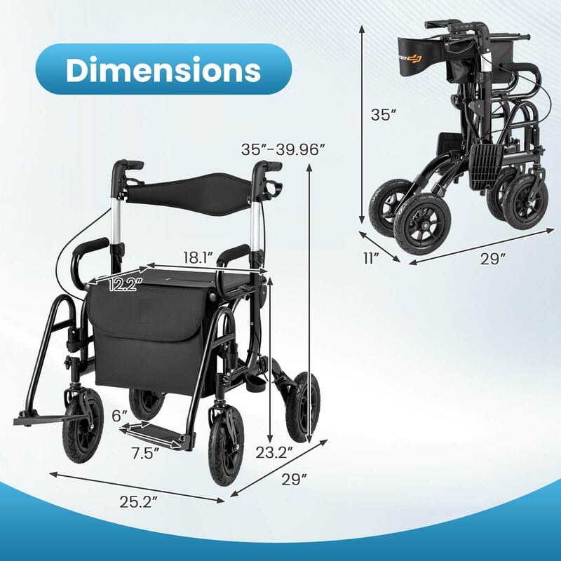 Goplus 2-in-1 Rollator Walker for Seniors with Seat 9" Pneumatic Tires - See Details