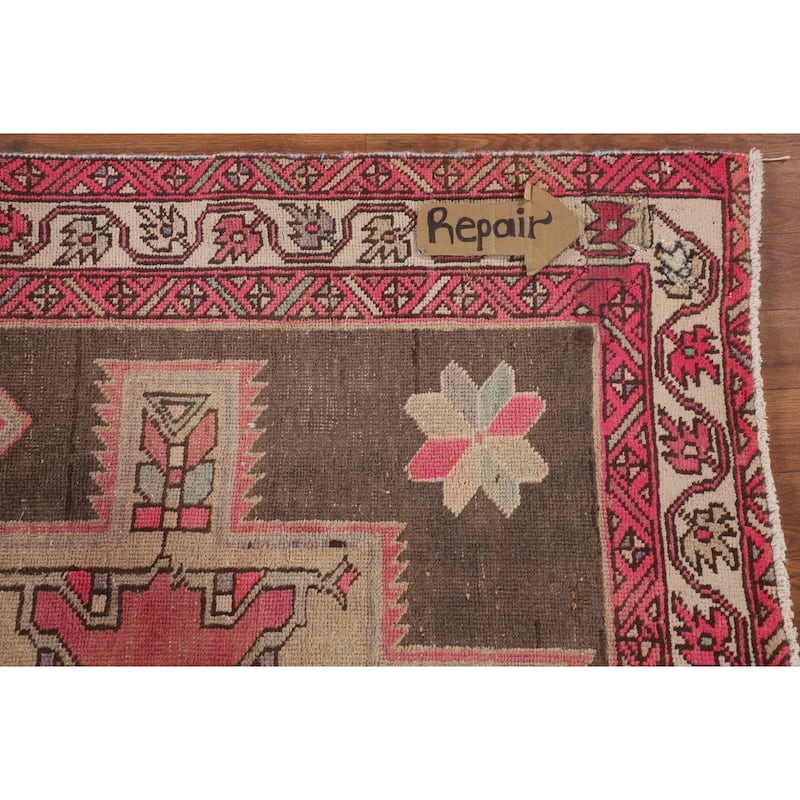 Pink & Brown Meshkin Persian Vintage Runner Rug Handmade Wool Carpet - 4'5"x 10'2"