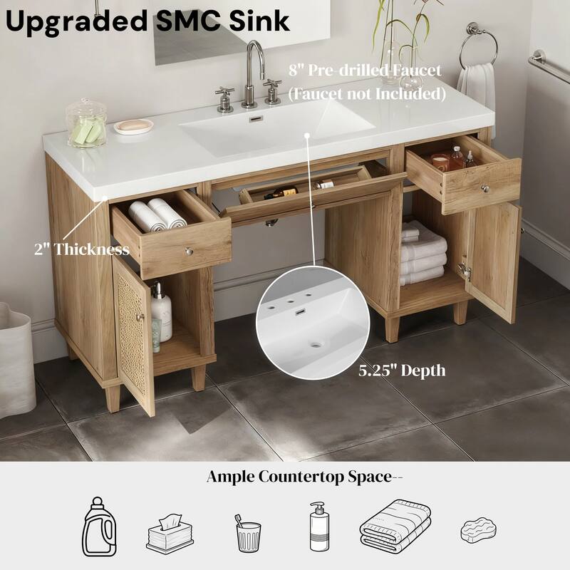 60" Bathroom Vanity with SMC Sink, Freestanding Single Sink Cabinet with Soft-Close Drawers, Tip-Out Tray & Rattan Doors