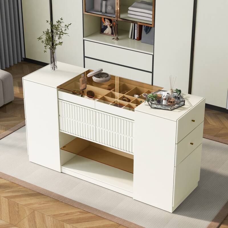 Multi-Functional Island Vanity Dresser and Storage Cabinet with Glass Tabletop, Display Shelf,6 Drawers - Cream White