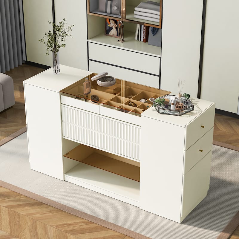 Roomfitters Modern Luxury Multi-Functional Island Vanity Dresser, Storage Cabinet with Glass Tabletop, Cream White